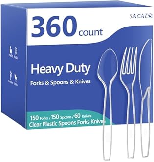 SACATR 360 Count Plastic Silverware Heavy Duty - Forks, Spoons, Knives, BPA-Free, Disposable Utensils Set, Plastic Cutlery Set, Plasticware for Wedding Party