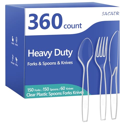 SACATR 360 Count Plastic Silverware Heavy Duty - Forks, Spoons, Knives, BPA-Free, Disposable Utensils Set, Plastic Cutlery Set, Plasticware for Wedding Party