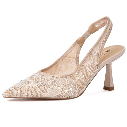 Image of Slingback Wedding Heels for Women Bridal Lace Mesh Kitten Heel Closed Pointed Toe Pearl Pumps Shoes