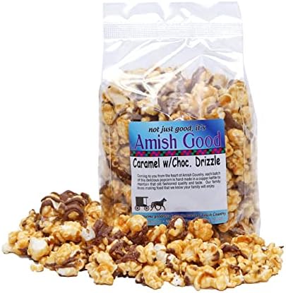 Amish Good Premium Caramel Popcorn with Chocolate Drizzle Real Butter and Coconut Oil in 12 Ounce Bag