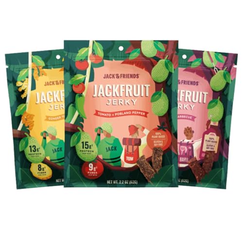 Jack & Friends Variety Jackfruit Jerky - 15g Protein - 9g Fiber - 100% Plant Based Jerky - Gluten Free - Soy Free - Vegan - Low Sugar - All Natural Ingredients - 6.6 Oz (Pack of 3)