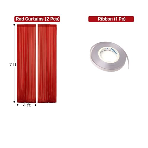 Image of Party Propz Red Backdrop Decoration - 3Pcs, Backdrop Cloth for Decoration Pooja, Pooja Background Decorations Items, Wedding and Haldi Decorations, Red Curtain for Anniversary Decor(Net Mix)