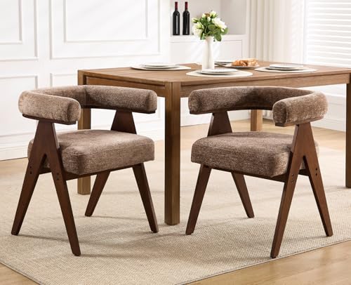 CIMOTA Barrel Wooden Dining Chairs with Arms Set of 2, Farmhouse Fabric Upholstered Kitchen Chairs with Walnut Wood Legs Contemporary Armchairs Accent Side Chairs for Dining Living Room,Chenille Khaki