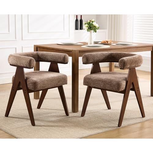 Barrel Wooden Dining Chairs with Arms Set of 2, Farmhouse Fabric Upholstered Kitchen Chairs with Walnut Wood Legs Contemporary Armchairs Accent Side Chairs for Dining Living Room,Chenille Kh