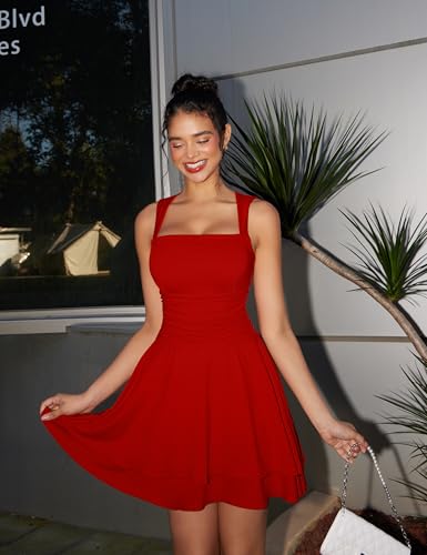 Image of GOKATOSAU Women's Square Neck Sleeveless Bodycon Ruched Waist Flowy A-Line Ruffle Hem Mini Dress Red