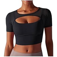 Camisetas de gimnasio para mujer, ajustadas, de gran tamaño, lisas, cuello redondo, para verano, trabajo, camisetas básicas, de manga corta, yoga, gimnasio, deportes, ropa deportiva casual, A negro, M