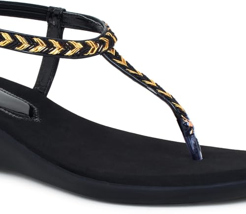 Image of Action Women's Suede Ankle Strap Sandals| Black with Gold Chevron Pattern| Stiletto Heel Black