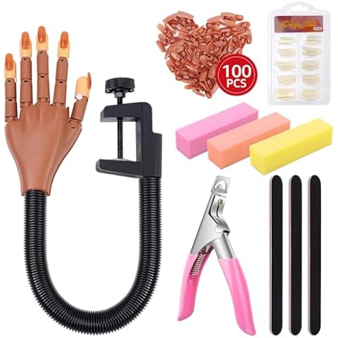 Practice Hand for Acrylic Nails, Adjustable Fake Mannequin Hands for Nails Practice, Flexible Movable Nail Tools Kits Practice Hand with Nail File, Clipper and 100pcs Coffin Nail Tips Cover