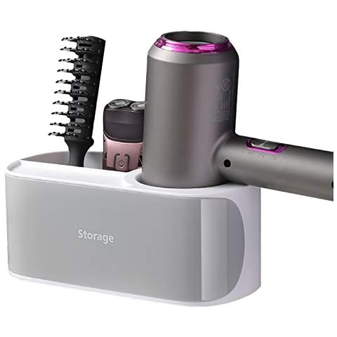 Elinala Hairdryer Holder Wall Mounted, Hair Dryer Holder, Multifunctional 2-Compartment Plastic Self-Adhesive Wall-Mounted Bathroom Hairdryer Holder and Sundries Storage Rack (Grey) Cover