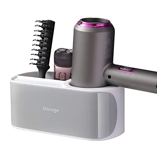 Elinala Hairdryer Holder Wall Mounted, Hair Dryer Holder, Multifunctional 2-Compartment Plastic Self-Adhesive Wall-Mounted Bathroom Hairdryer Holder and Sundries Storage Rack (Grey)