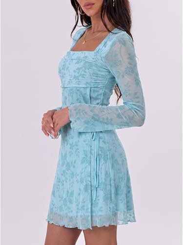 Image of Caracilia Womens Sexy Mesh Ruched Mini Dresses Long Sleeve Square Neck Tie Fall Club Party Cocktail Short Dress 2026 Fashion