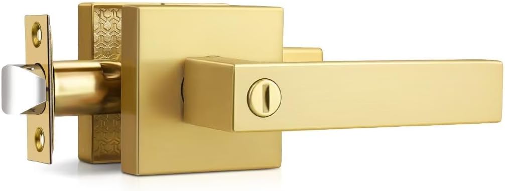 3 Pack Gold Privacy Door Handles Interior, Square Brushed Gold Door Handles for Bathroom and Bedroom, Reversible Door Lock Without Key
