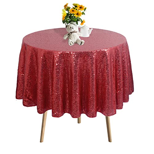 DUOBAO Red Round 60" Sequin Glitter Tablecloth - Elegant Wedding & Christmas Party Decor, Fitted Outdoor Table Cloth, Sparkling Overlay for Special Events