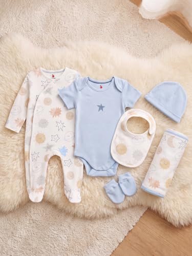 Image of 6 Pcs Clothing Gift Set with Box, 100% Cotton Soft & Breathable 6-Piece Layette Set with Bodysuit, Romper, Bib, Cap, Mittens & Swaddle, 0-12 Months, All-Season Wear