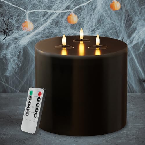 Image of Extra Large Black Flameless Candles with 3 Wicks, 6 inchx6 inch Real Wax Halloween Candles with Remote, Battery Operated Candle Flickering LED Candles Fake Candle for Halloween, Home, Party