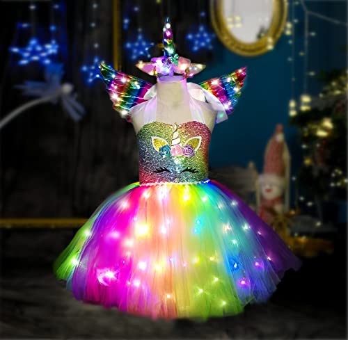 Letsglow Unicorn Dresses For Girls Dress Up & Role Play Costume Led Light Up Birthday Halloween Party B (Rainbow, B-5~6T) #TOP5