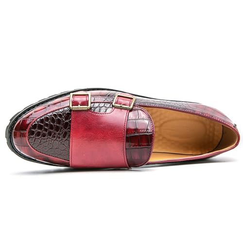 Men's Dress Loafers Double Monk Strap Leather Slip On Loafers Burgundy Crocodile Pattern with Lug Sole Business Formal Casual Dress Shoes3