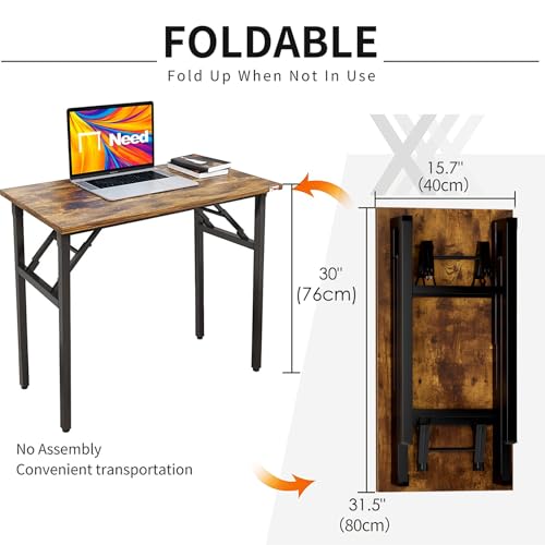 Image of Need Small Computer Desk 31.5 Inch Folding Home Office Table Retro | Black Frame Writing Gaming Work Table /Sturdy Foldable Study Table for Small Space /Dormitory, No Assembly Required