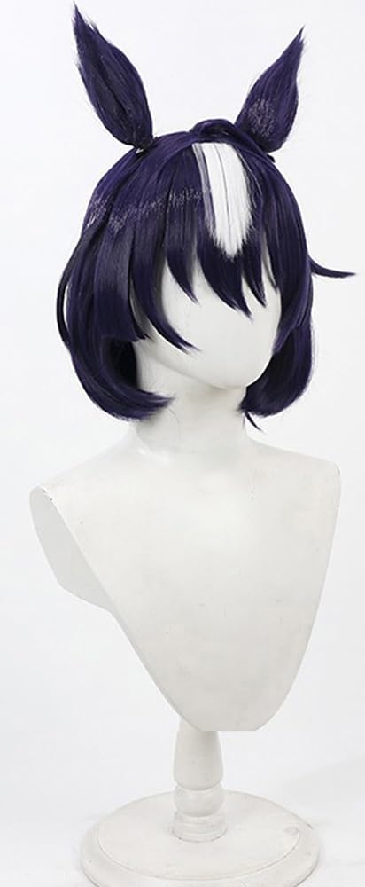 Game Cosplay Wig Deep Blue Purple Mix White Wig Short Straight Bob Wigs Synthetic Fiber Wigs + Ears + Tail