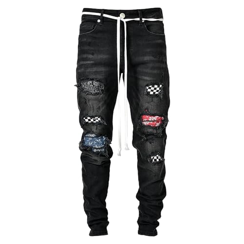 Mens Vintage Ripped Patch Jeans Printed Pattern Skinny Biker Denim Pants Hip Hop Check Patchwork Jean Trousers