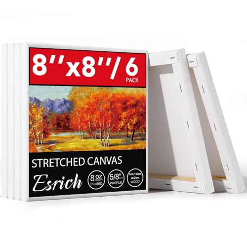 ESRICH Stretched Canvas 6 Pack 8x8 Primed Acid-Free Wood Framed Blank Canvas Art Canvases for Beginners Artists Used for Oil Acrylic Paint Pouring Painting