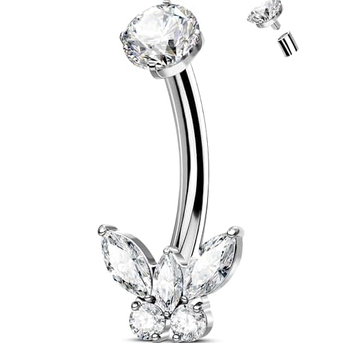 OUFER Titanium Butterfly Belly Button Rings, 14G Belly Rings For Women, Cubic Zircon Navel Piercing Jewelry, Internal Thread Curved Barbells Silver 14G 10MM