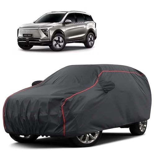 Image of Sulfar 100% Water Resistant Car Body Cover Compatible with Mirror for Mahindra XEV 9S (Triple Stitched, Full Bottom Elastic, Dark Grey Tafetta with Red Piping)