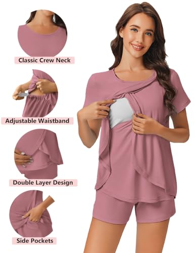 Image of Ekouaer 3 PCS Maternity Nursing Pajamas Set Postpartum Breastfeeding PJS | 3-Piece Set, Including Short Sleeve Shirts, Pregnancy Shorts & Pants, Buttery Soft, Skin-Friendly Feel