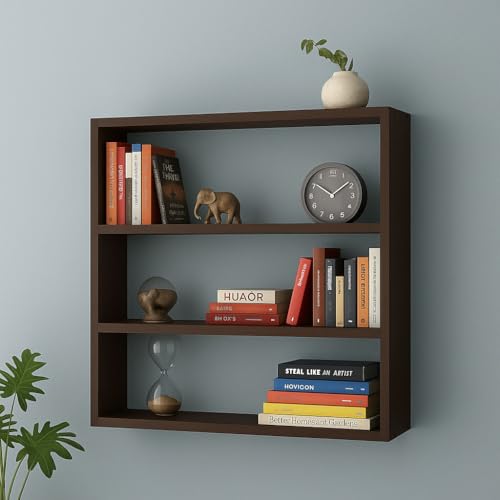 Image of Deion 3 Tier Wooden Book Shelf for Wall | Wall Mounted Bookshelf for Living Room & Bedroom | Floating Wall Shelves | Home Decor & Wall Decoration Items | Corner Shelf for Decor