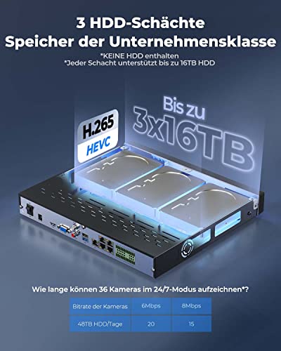 Reolink NVR 36 Kanal CCTV Überwachungskamera System, 3 HDD Einschübe, Keine HDD enthalten. Unterstützt 16MP/12MP/4K/5MP/4MP HD IP Kameras, integrierte O/I Alarmanlage, RLN36
