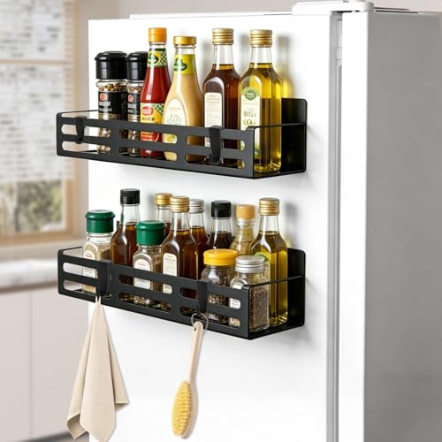 BTIUGYI 2 Stück Magnetisch Kühlschrank Gewürzregal Beweglichen Magnetregale Kühlschrank mit 4 Haken Schwarz Magnet Regal für Gewürze Gläser