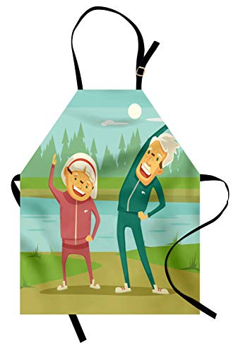 Ambesonne Grandpa Apron, Grandpa and Grandma Doing Cardio Cartoon Design River Elderly Retirement Activities, Unisex Kitchen Bib Apron with Adjustable Neck for Cooking Baking Gardening, Multicolor