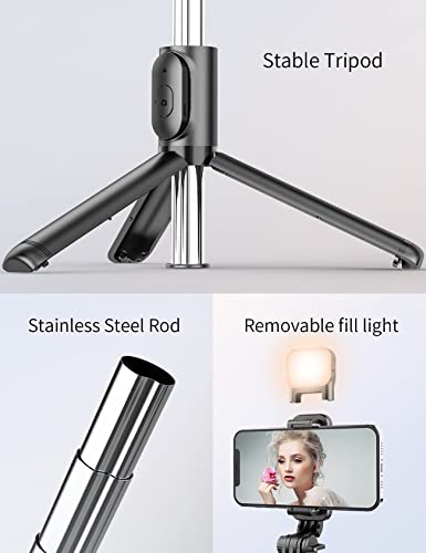 Image of Selfie Stick Tripod with Light, 3-in-1 Multifunctional Design, Rechargeable LED Light with Two Brightness Levels with Bluetooth Remote for Makeup Selfie & vlogging