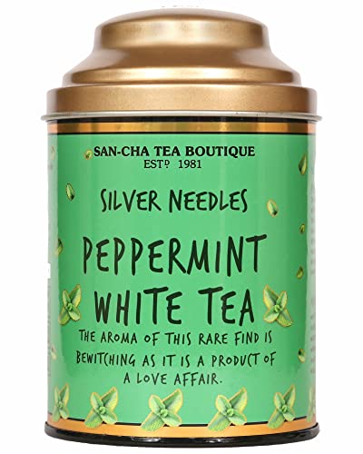 Image of Sancha Tea Boutique, Peppermint White Tea, 75g Loose Leaves, Pure Buds, Silver Needles, Supports a Calm Focus, Low Caffeine