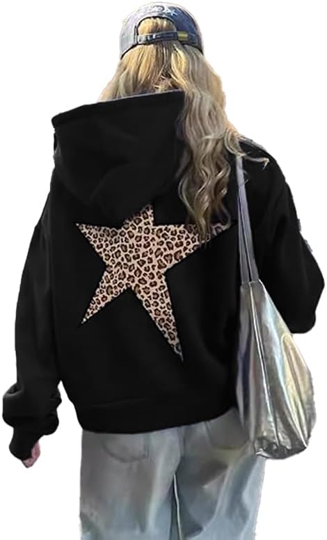 heyheyshine Star Graphic Hoodies Oversized Y2k Leopard Print Hooded Sweatshirt Cheetah Hoodie Streetwear Unisex Pullover Tops