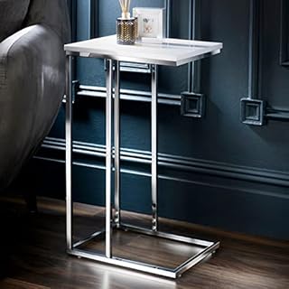 spot on dealz® Sofa side table Chrome metal frame with MDF White wooden High gloss Top Coffee, Office table Laptop Desk living room C shaped bedside end tables