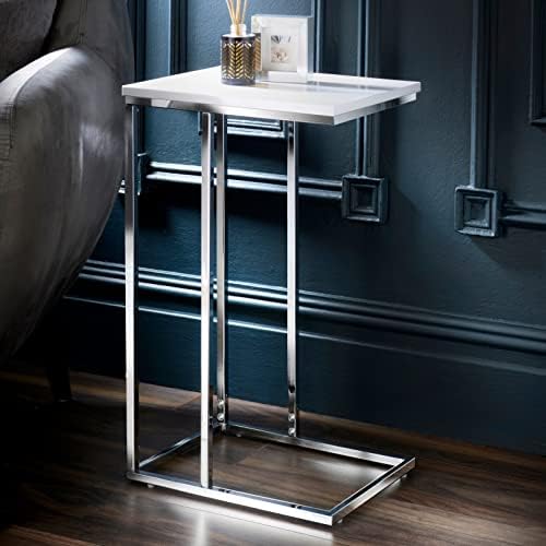 spot on dealz® Sofa side table Chrome metal frame with MDF White wooden High gloss Top Coffee, Office table Laptop Desk living room C shaped bedside end tables