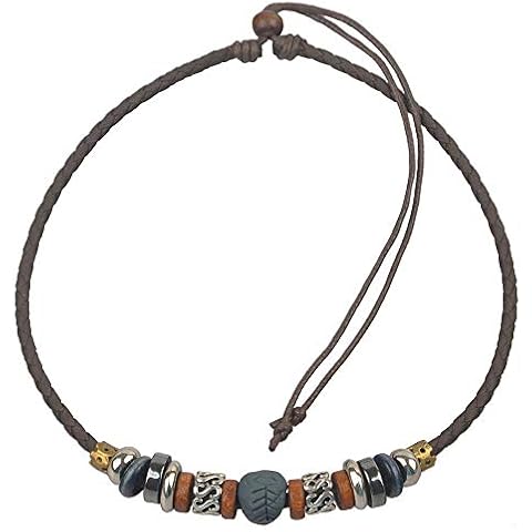 Ancient Tribe Adjustable Hemp Genuine Leather Beads Choker Necklace,16 Inches (Brown) Cover