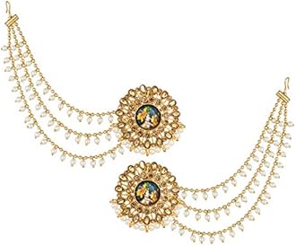 The Luxor Traditional Gold Plated Latest Stylish Bahubali Hair Long Chain Temple Jewellery Pearl Earrings for Women & Girls