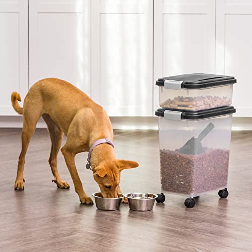 Iris Usa 3-Piece 35 Lbs / 45 Qt Weatherpro Airtight Pet Food Storage Container Combo With Scoop And Treat Box For Dog Cat And Bird Food, Keep Pests Out, Translucent Body, Easy Mobility, Black #TOP2