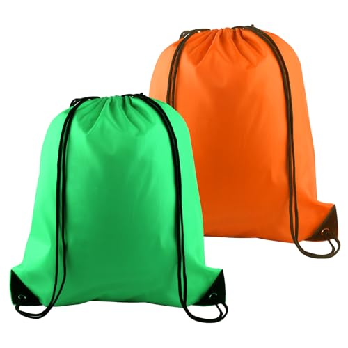 PLULON 2Pcs Drawstring Bags Bulk Drawstring Backpack Green Orange String Backpack Cinch Sack Sport Gym Backpack Bags for Yoga Traveling Outdoor Sports