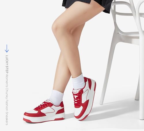 LUCKY STEP Women's Chunky Fashion Sneakers, White/Red, 8.5 by LUCKY STEP - Used condition - Image 2