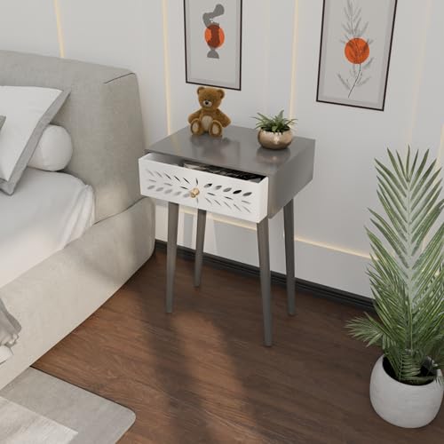 Image of Ereteken ART Nightstand Bedroom Carved Beside Table Made of MDF, Night Stand with 1 Drawers end Table for Bedroom /Living Room-White (Grey)
