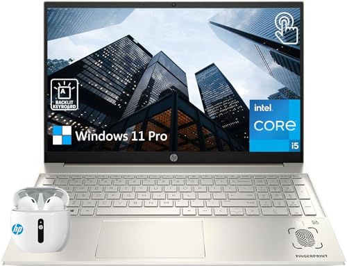 HP Pavilion 15.6 Inch FHD Touchscreen Business Laptop, Quad Core Intel Core i5, 32GB RAM, 1TB SSD, Windows 11 Pro, Office 365, Fingerprint Reader, Backlit Keyboard, Lunar Gold, PCM