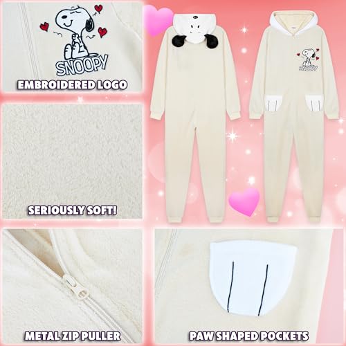 Peanuts Snoopy Jumpsuit Damen Schlafanzug, Kuscheliger Onesie, Winter Kapuzenanzug, Geschenke für Erwachsene & Teens (L, Beige)