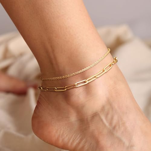 CHESKY Gold Ankle Bracelets for Women, 14k Gold Plated/Sterling Silver Anklet Bracelet Set Layered Glitter Box Paperclip Figaro Cuban Link Anklets for Women, Waterproof Summer Gold Jewelry Gifts