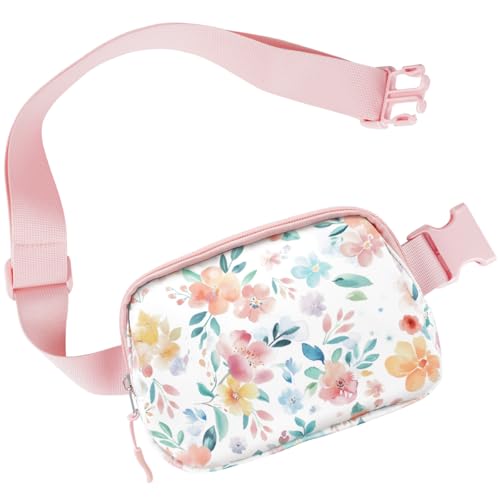 Simikol Belt Bag Running Cute Outdoor Bags for Women and Girls Lightweight Fashion Waist Packs Waterproof Workout Hiking Travel Fanny Pack, Watercolor Pink Floral