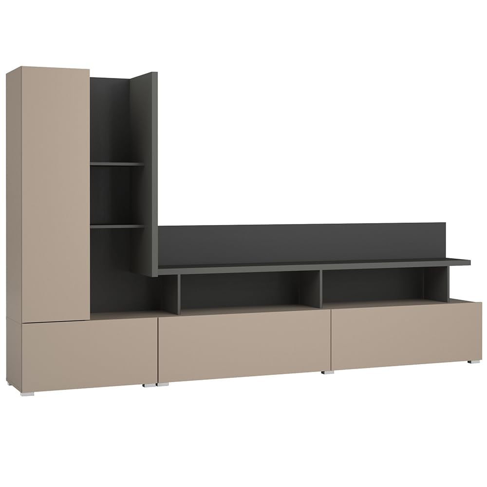 Wohnwand in beige mit anthrazit LED-Beleuchtung 2 Schubladen TV-Wand modern
