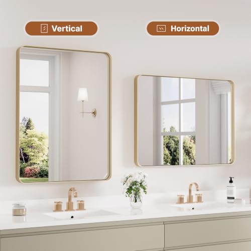 Image of Kosmonia 32x24 Inch Bathroom Vanity Mirror Brushed Champagne Gold
