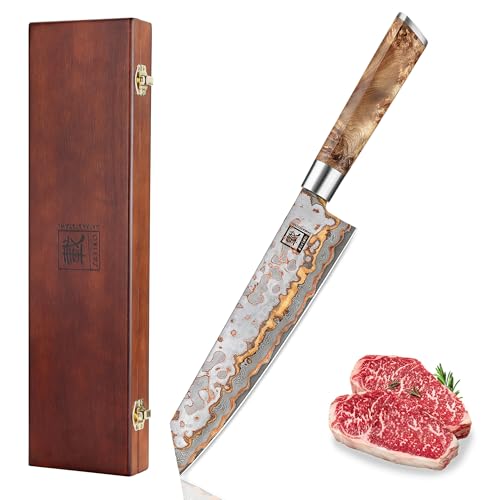 zayiko MysticMagma Damastmesser Kiritsuke 20,5 cm I Kochmesser Chefmesser aus 67 Lagen Kupfer-Bronze Damaststahl VG10 Kern I Ahornwurzelholz Griff I...